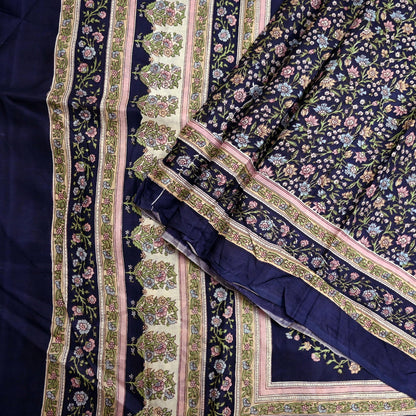 Indian Vintage Blue Pure Silk Printed Saree 5 Yards Soft Floral Fabric for Dressmaking, Quilting, Crafting, Sewing & Upcycling Dress Making