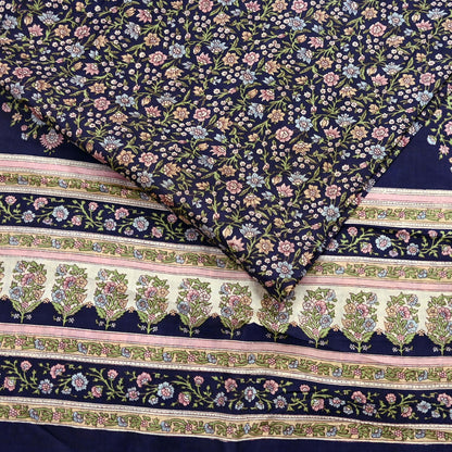 Indian Vintage Blue Pure Silk Printed Saree 5 Yards Soft Floral Fabric for Dressmaking, Quilting, Crafting, Sewing & Upcycling Dress Making