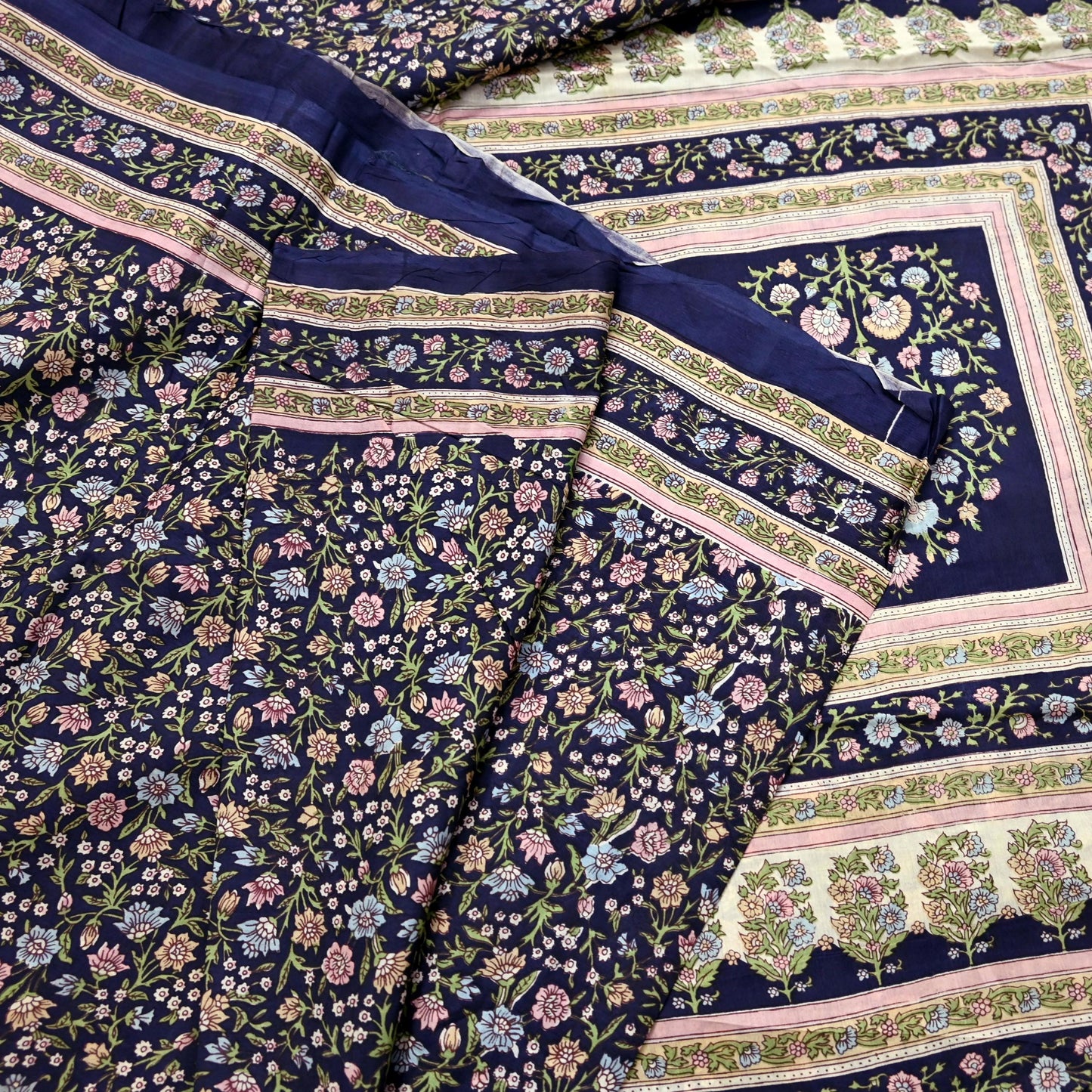 Indian Vintage Blue Pure Silk Printed Saree 5 Yards Soft Floral Fabric for Dressmaking, Quilting, Crafting, Sewing & Upcycling Dress Making