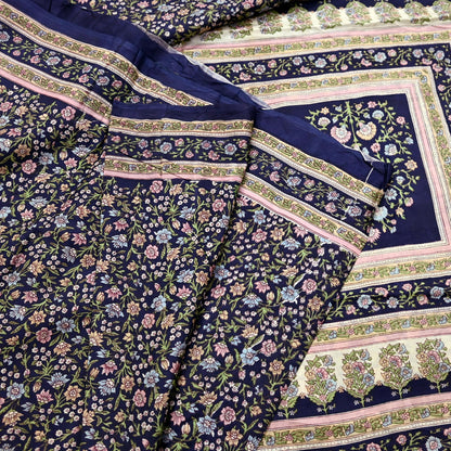 Indian Vintage Blue Pure Silk Printed Saree 5 Yards Soft Floral Fabric for Dressmaking, Quilting, Crafting, Sewing & Upcycling Dress Making