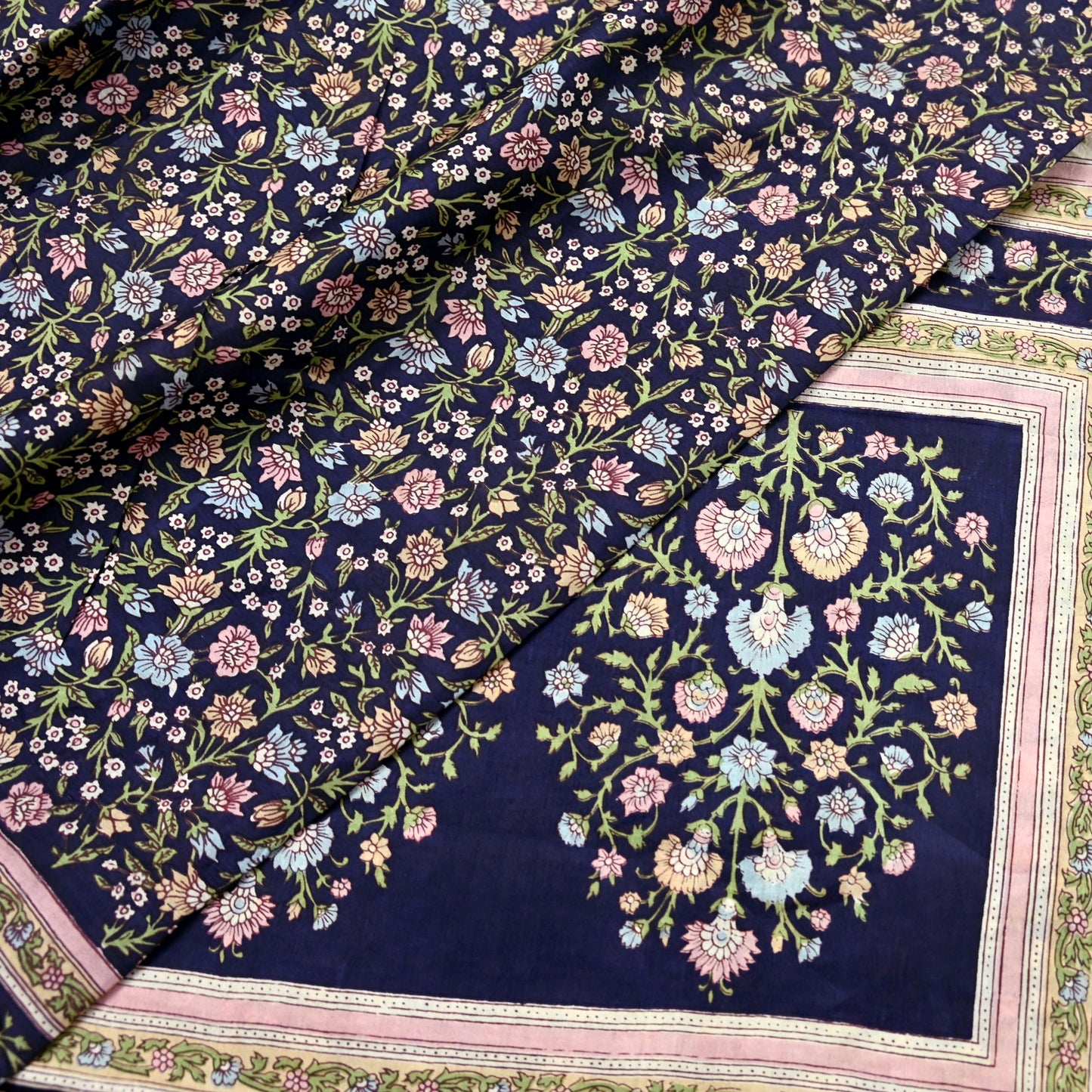 Indian Vintage Blue Pure Silk Printed Saree 5 Yards Soft Floral Fabric for Dressmaking, Quilting, Crafting, Sewing & Upcycling Dress Making
