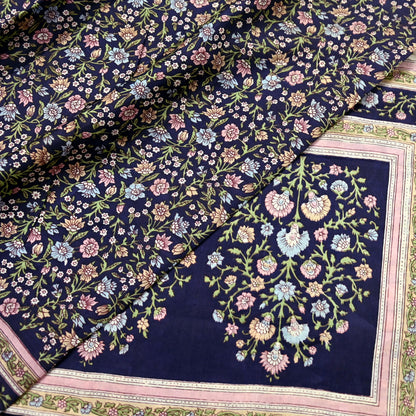 Indian Vintage Blue Pure Silk Printed Saree 5 Yards Soft Floral Fabric for Dressmaking, Quilting, Crafting, Sewing & Upcycling Dress Making