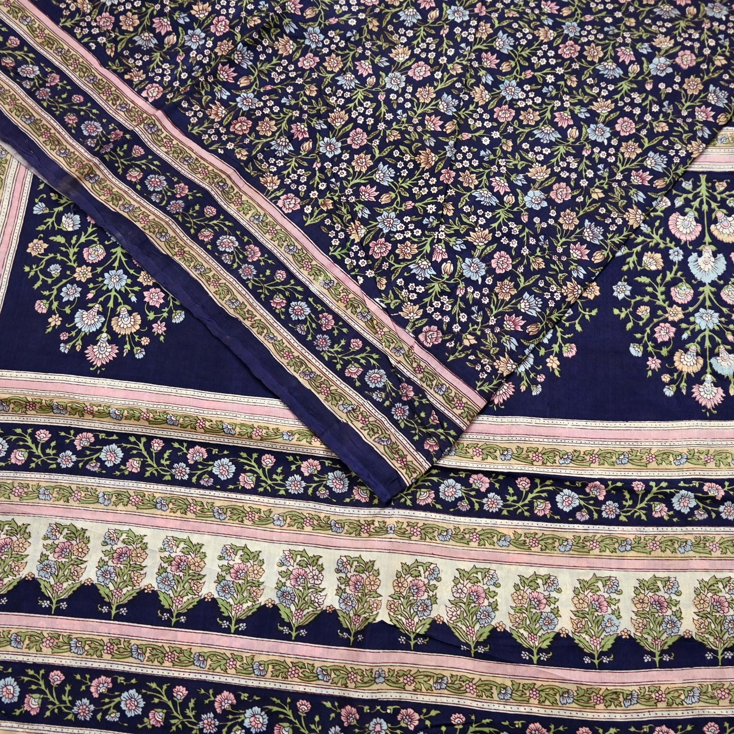 Indian Vintage Blue Pure Silk Printed Saree 5 Yards Soft Floral Fabric for Dressmaking, Quilting, Crafting, Sewing & Upcycling Dress Making