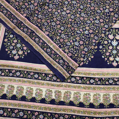 Indian Vintage Blue Pure Silk Printed Saree 5 Yards Soft Floral Fabric for Dressmaking, Quilting, Crafting, Sewing & Upcycling Dress Making