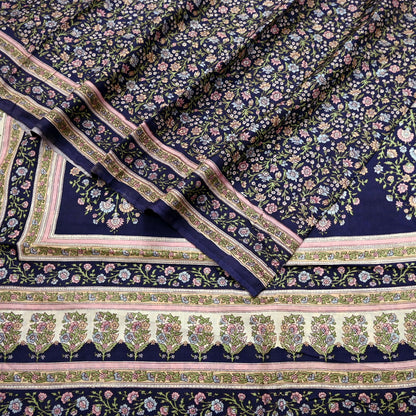 Indian Vintage Blue Pure Silk Printed Saree 5 Yards Soft Floral Fabric for Dressmaking, Quilting, Crafting, Sewing & Upcycling Dress Making