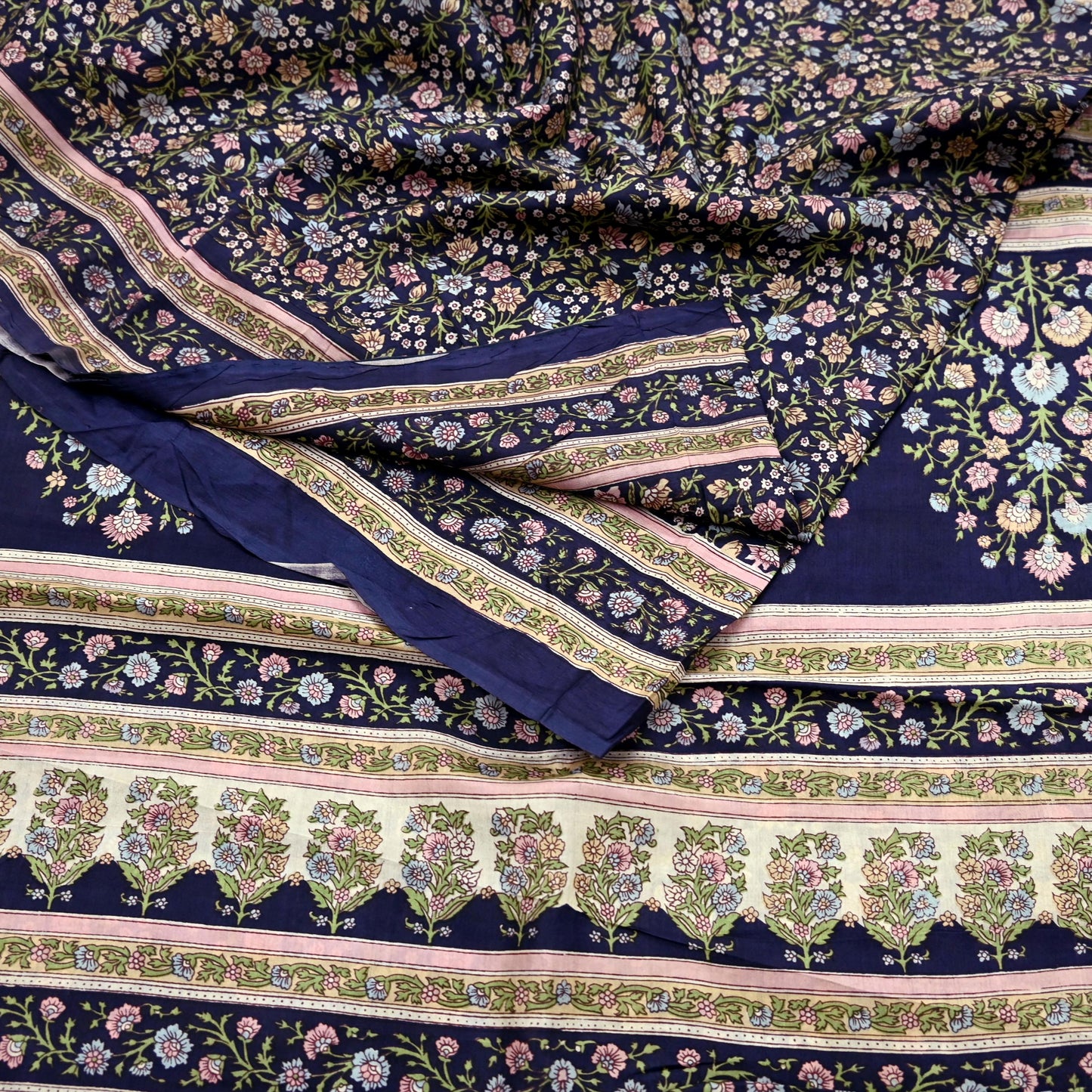 Indian Vintage Blue Pure Silk Printed Saree 5 Yards Soft Floral Fabric for Dressmaking, Quilting, Crafting, Sewing & Upcycling Dress Making