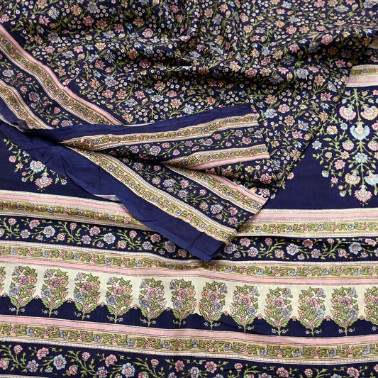 Indian Vintage Blue Pure Silk Printed Saree 5 Yards Soft Floral Fabric for Dressmaking, Quilting, Crafting, Sewing & Upcycling Dress Making