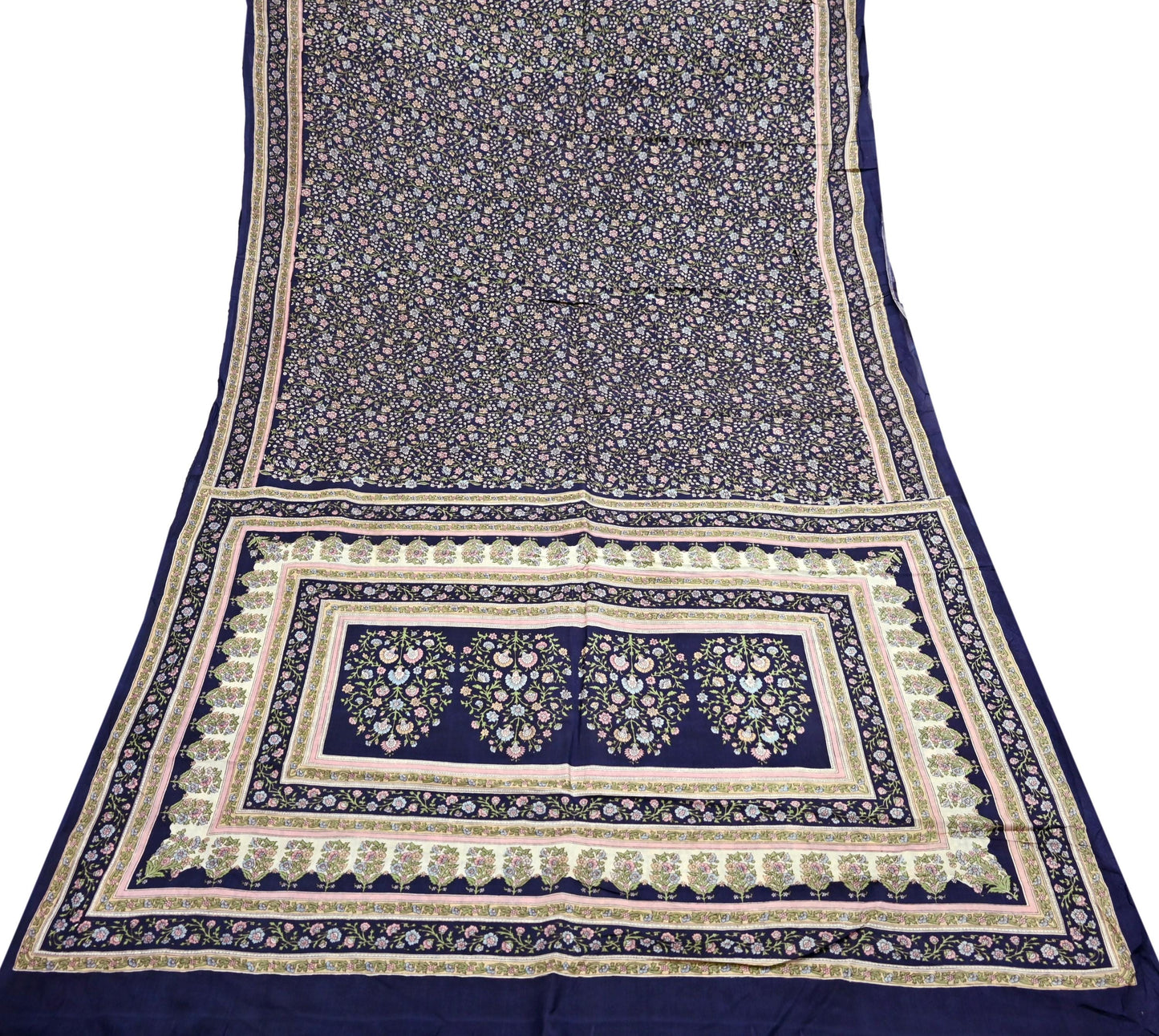 Indian Vintage Blue Pure Silk Printed Saree 5 Yards Soft Floral Fabric for Dressmaking, Quilting, Crafting, Sewing & Upcycling Dress Making