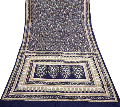 Indian Vintage Blue Pure Silk Printed Saree 5 Yards Soft Floral Fabric for Dressmaking, Quilting, Crafting, Sewing & Upcycling Dress Making