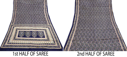 Indian Vintage Blue Pure Silk Printed Saree 5 Yards Soft Floral Fabric for Dressmaking, Quilting, Crafting, Sewing & Upcycling Dress Making