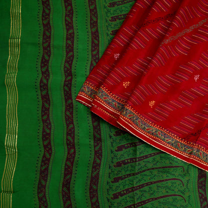 Indian Vintage Saree Pure Silk Sari Fabric: Red & Green Floral Print, 5-Yard Sewing Material Crafting Upcycle Quilting