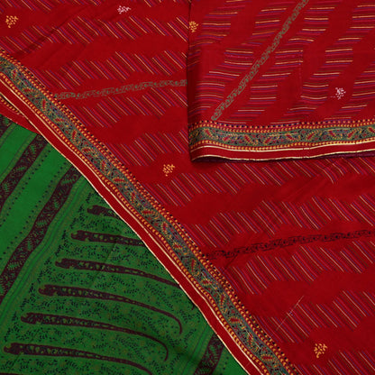 Indian Vintage Saree Pure Silk Sari Fabric: Red & Green Floral Print, 5-Yard Sewing Material Crafting Upcycle Quilting