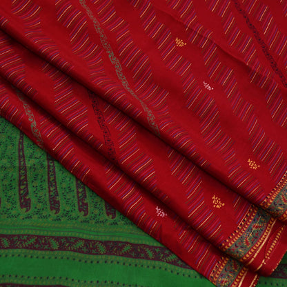Indian Vintage Saree Pure Silk Sari Fabric: Red & Green Floral Print, 5-Yard Sewing Material Crafting Upcycle Quilting