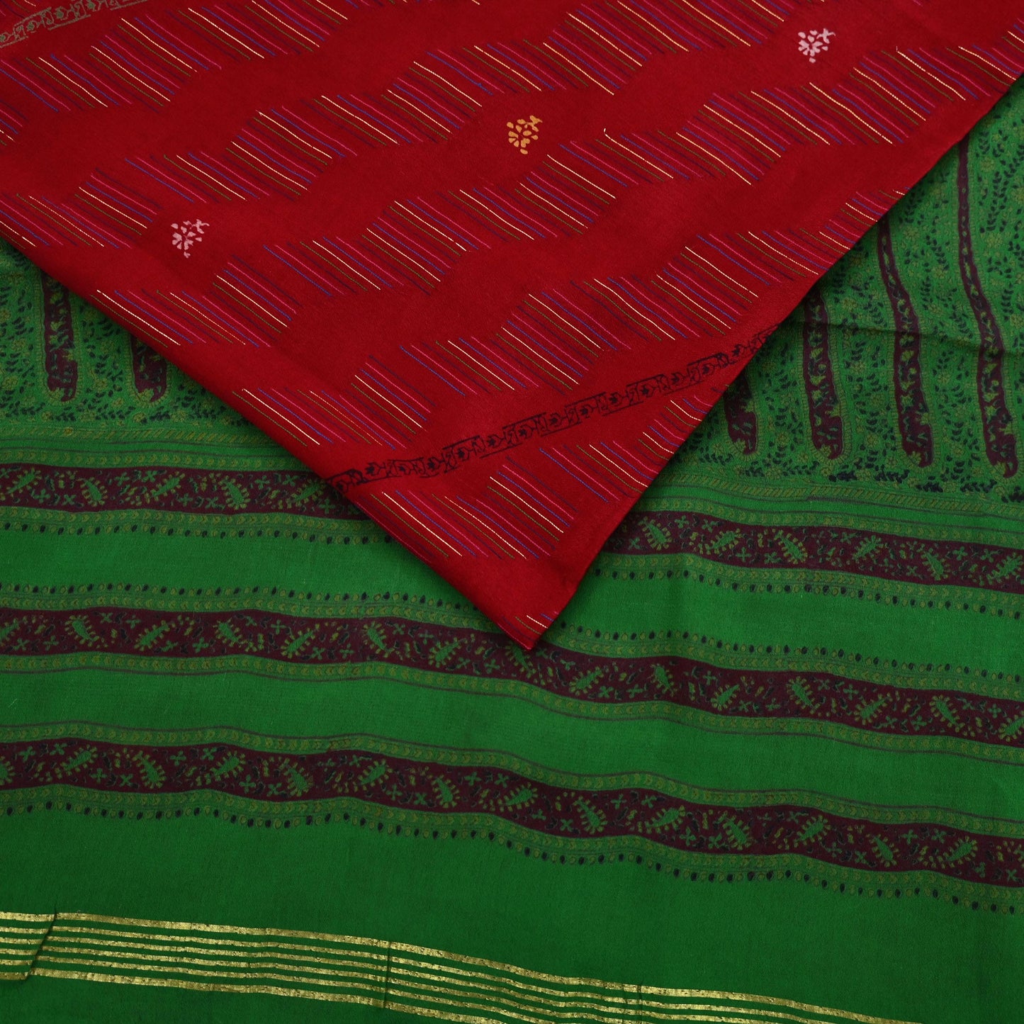 Indian Vintage Saree Pure Silk Sari Fabric: Red & Green Floral Print, 5-Yard Sewing Material Crafting Upcycle Quilting