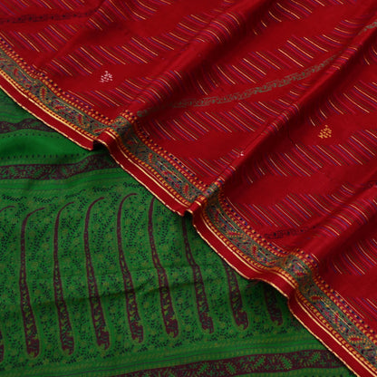 Indian Vintage Saree Pure Silk Sari Fabric: Red & Green Floral Print, 5-Yard Sewing Material Crafting Upcycle Quilting