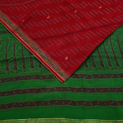 Indian Vintage Saree Pure Silk Sari Fabric: Red & Green Floral Print, 5-Yard Sewing Material Crafting Upcycle Quilting