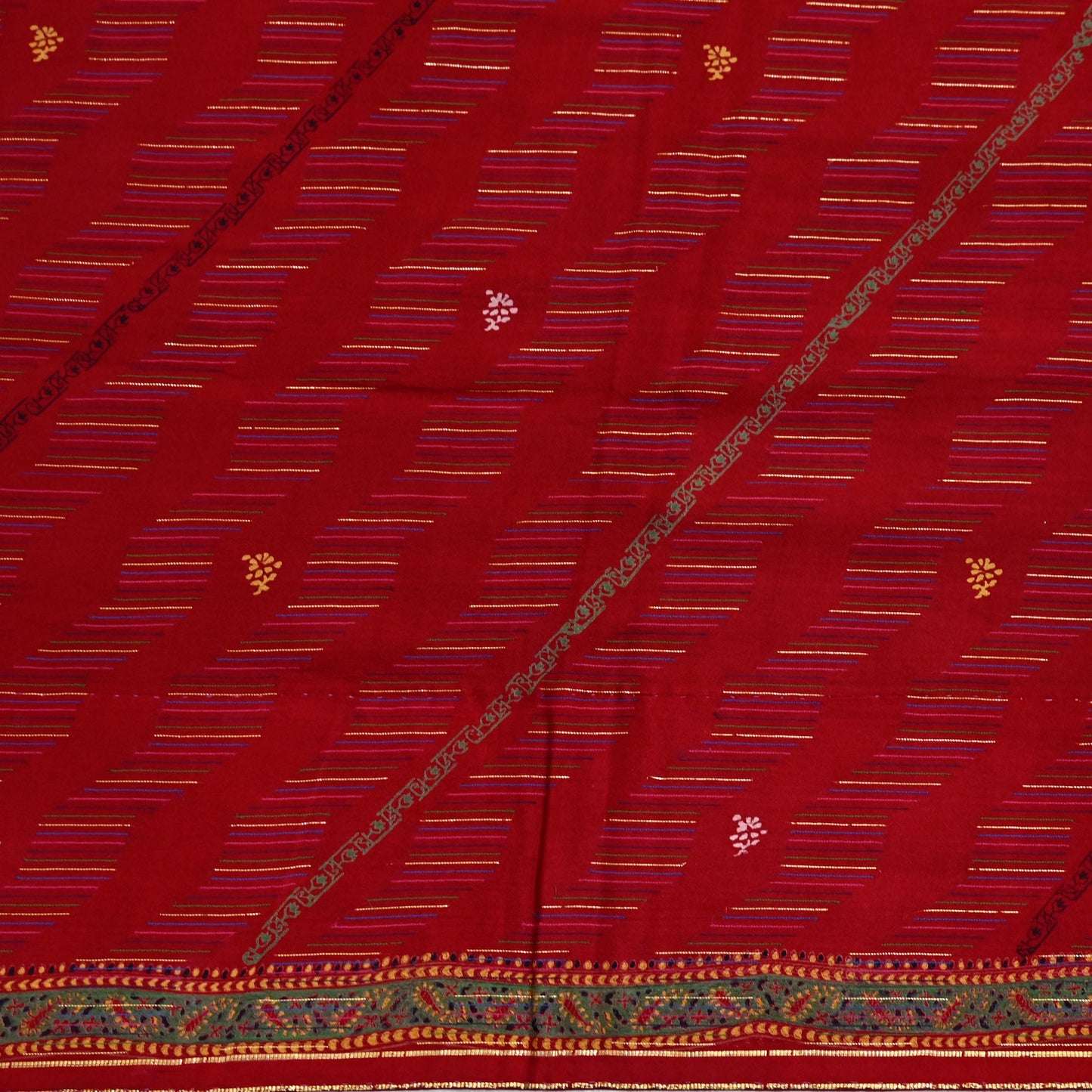 Indian Vintage Saree Pure Silk Sari Fabric: Red & Green Floral Print, 5-Yard Sewing Material Crafting Upcycle Quilting