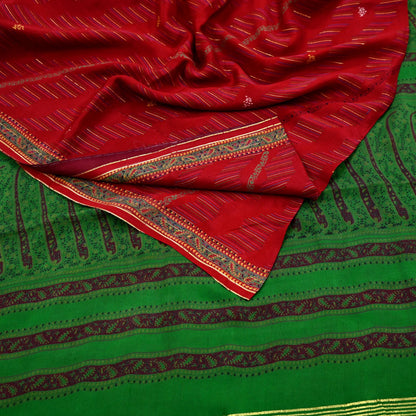 Indian Vintage Saree Pure Silk Sari Fabric: Red & Green Floral Print, 5-Yard Sewing Material Crafting Upcycle Quilting