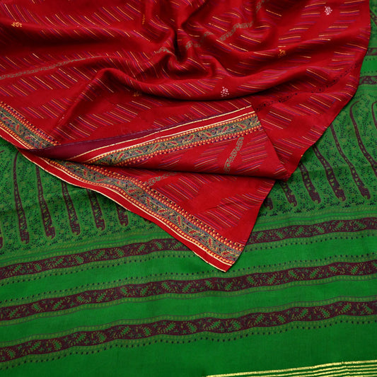 Indian Vintage Saree Pure Silk Sari Fabric: Red & Green Floral Print, 5-Yard Sewing Material Crafting Upcycle Quilting