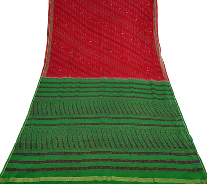 Indian Vintage Saree Pure Silk Sari Fabric: Red & Green Floral Print, 5-Yard Sewing Material Crafting Upcycle Quilting