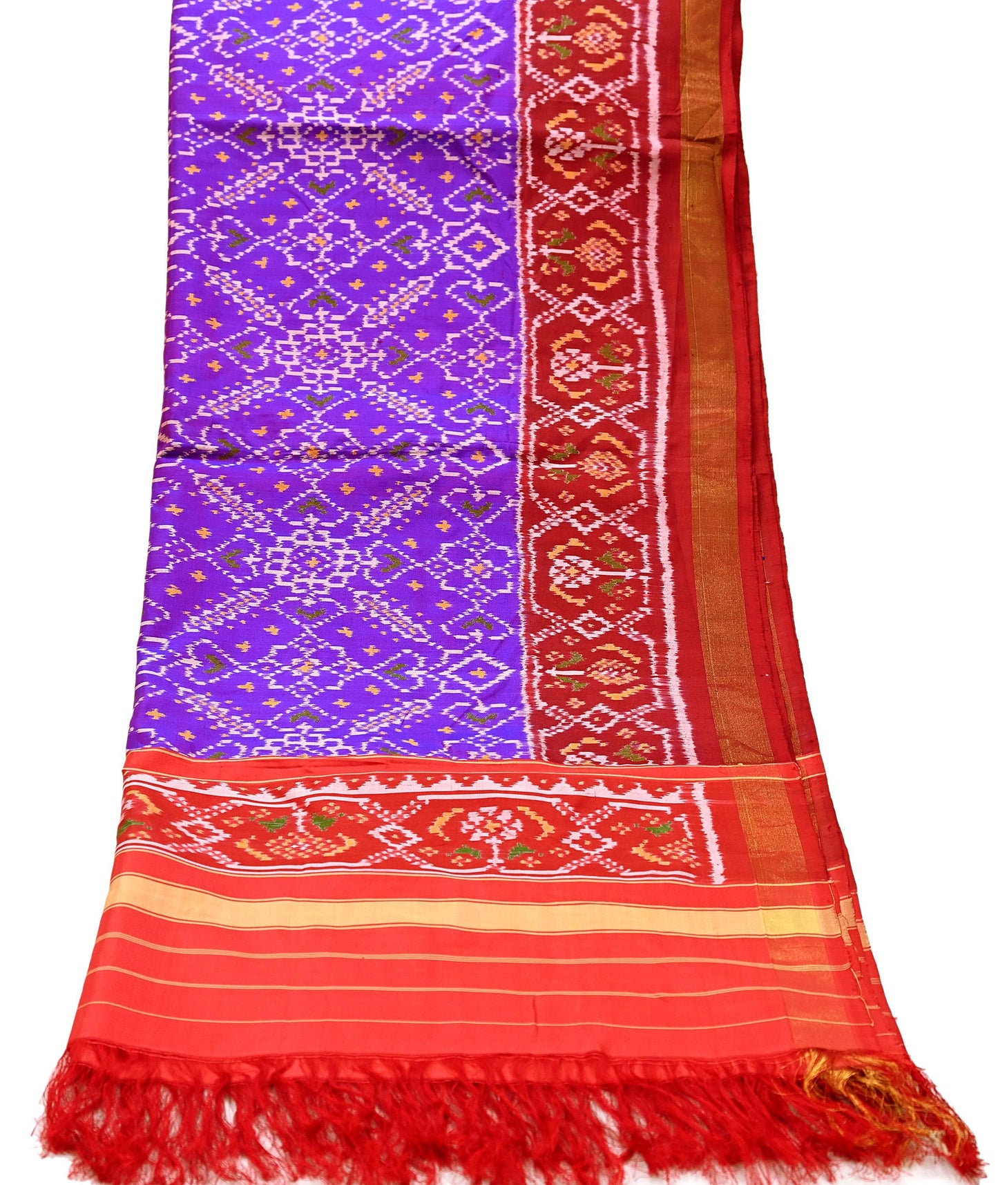 Indian Vintage Purple & red Dupatta Long Stole Hand woven Ikat Patola Hijab Pure Silk Scarves Veil Fringes