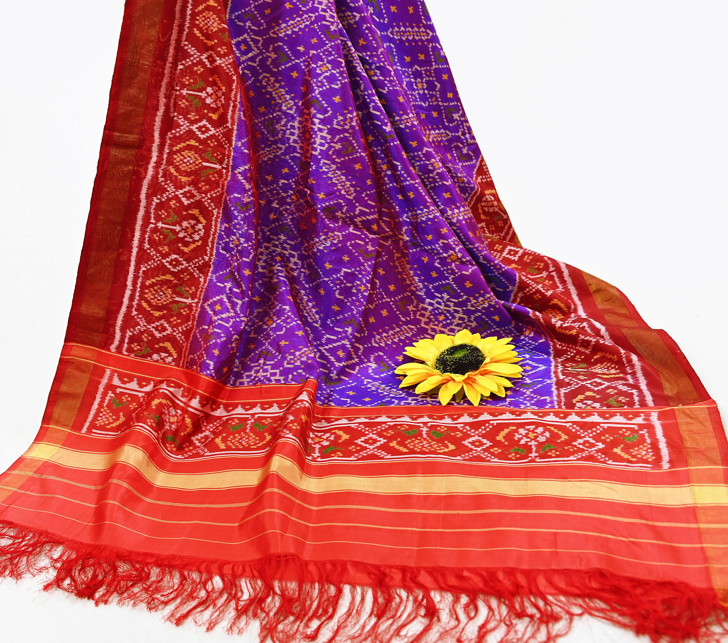Indian Vintage Purple & red Dupatta Long Stole Hand woven Ikat Patola Hijab Pure Silk Scarves Veil Fringes