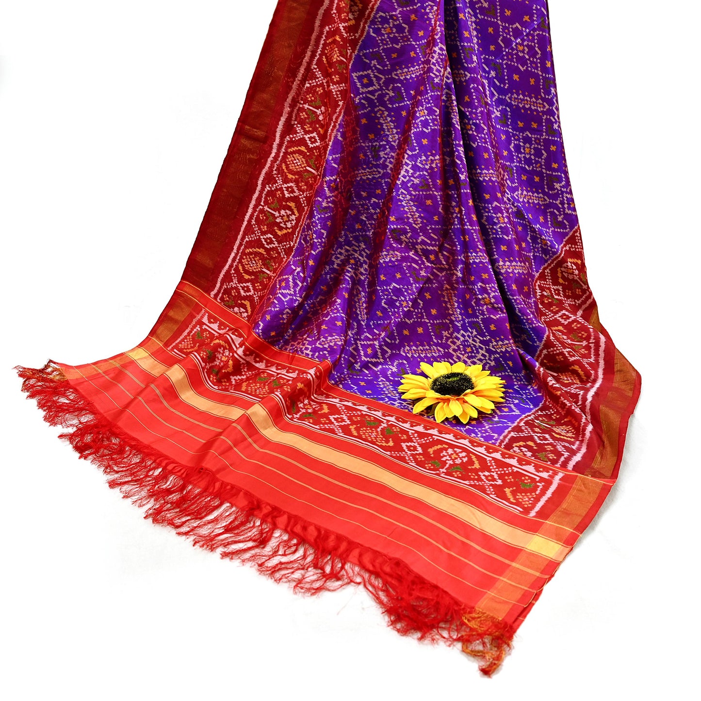 Indian Vintage Purple & red Dupatta Long Stole Hand woven Ikat Patola Hijab Pure Silk Scarves Veil Fringes