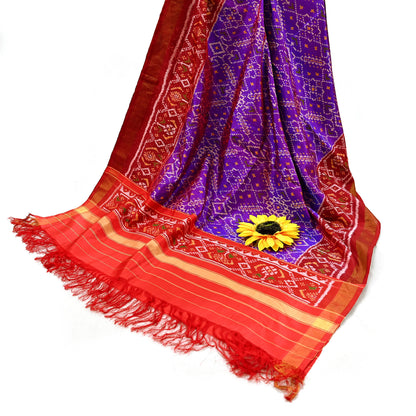 Indian Vintage Purple & red Dupatta Long Stole Hand woven Ikat Patola Hijab Pure Silk Scarves Veil Fringes