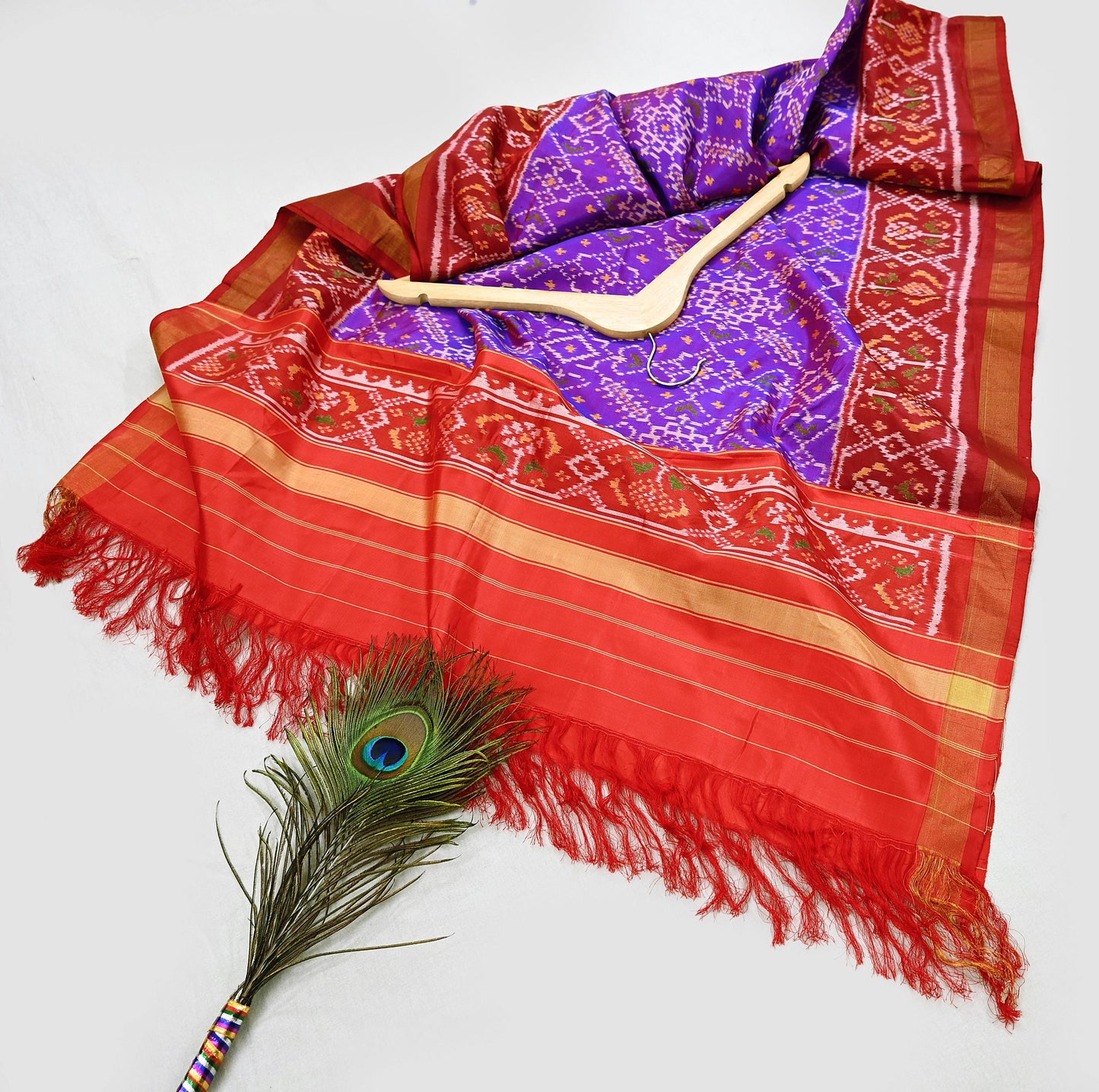 Indian Vintage Purple & red Dupatta Long Stole Hand woven Ikat Patola Hijab Pure Silk Scarves Veil Fringes