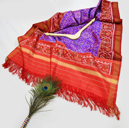 Indian Vintage Purple & red Dupatta Long Stole Hand woven Ikat Patola Hijab Pure Silk Scarves Veil Fringes