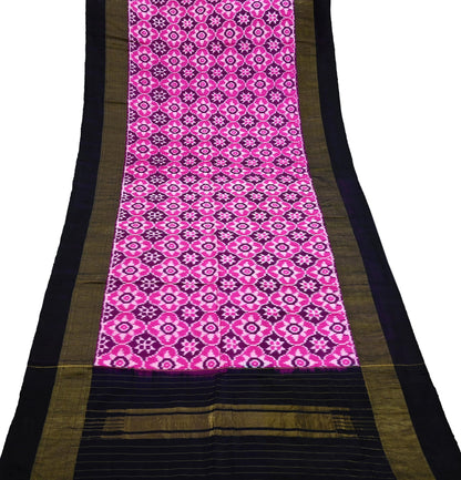 Indian Vintage Black & Magenta Dupatta Long Stole Hand woven Ikat Patola Hijab Pure Silk Scarves Veil Fringes