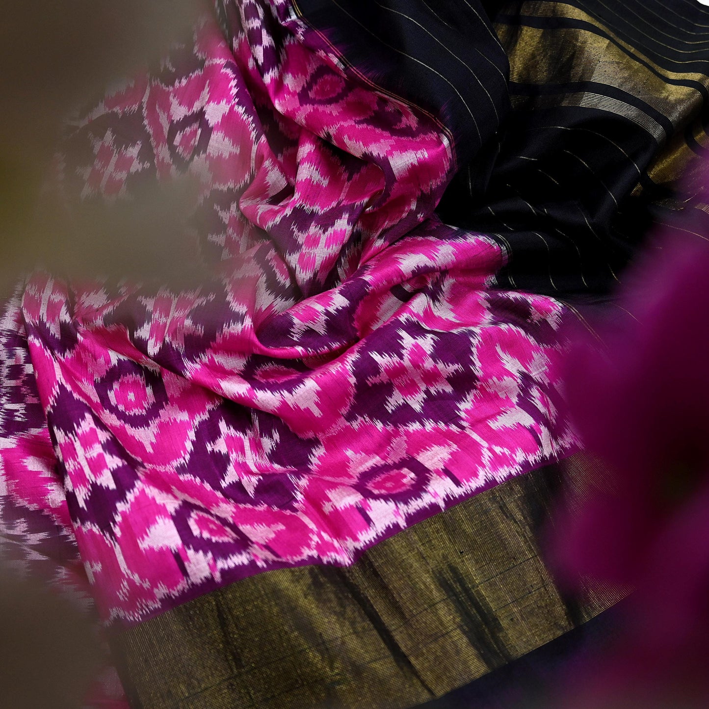 Indian Vintage Black & Magenta Dupatta Long Stole Hand woven Ikat Patola Hijab Pure Silk Scarves Veil Fringes