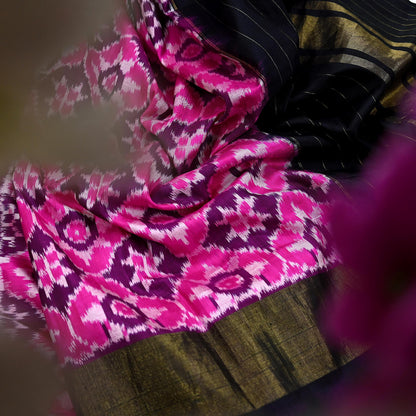 Indian Vintage Black & Magenta Dupatta Long Stole Hand woven Ikat Patola Hijab Pure Silk Scarves Veil Fringes