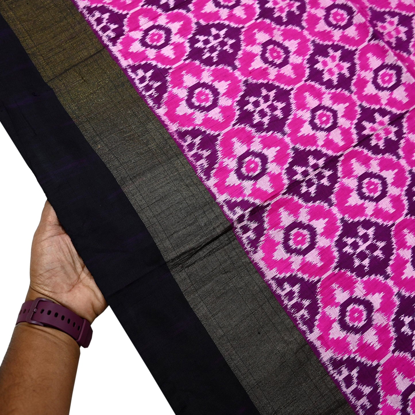 Indian Vintage Black & Magenta Dupatta Long Stole Hand woven Ikat Patola Hijab Pure Silk Scarves Veil Fringes