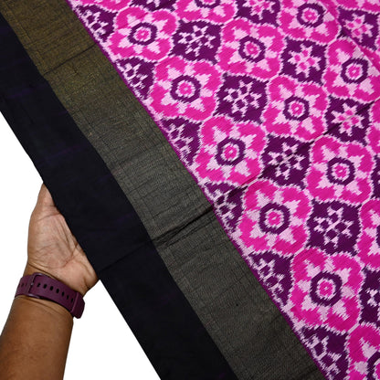 Indian Vintage Black & Magenta Dupatta Long Stole Hand woven Ikat Patola Hijab Pure Silk Scarves Veil Fringes