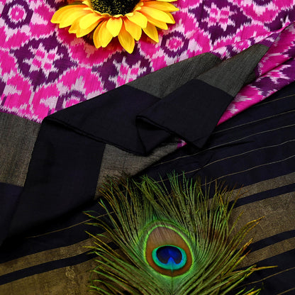 Indian Vintage Black & Magenta Dupatta Long Stole Hand woven Ikat Patola Hijab Pure Silk Scarves Veil Fringes