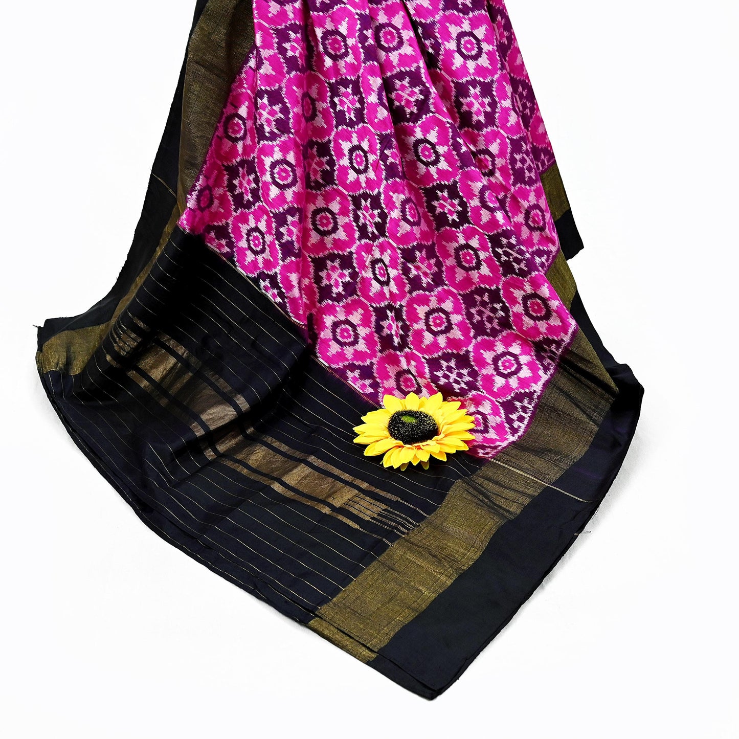 Indian Vintage Black & Magenta Dupatta Long Stole Hand woven Ikat Patola Hijab Pure Silk Scarves Veil Fringes