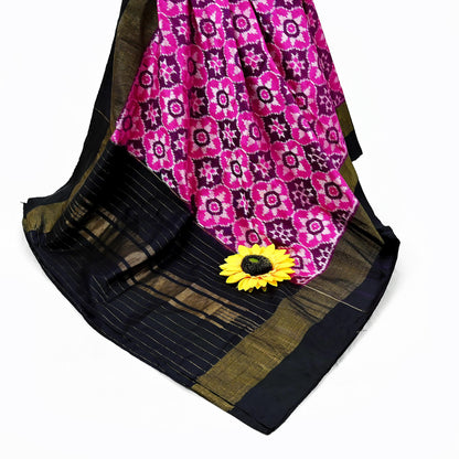 Indian Vintage Black & Magenta Dupatta Long Stole Hand woven Ikat Patola Hijab Pure Silk Scarves Veil Fringes