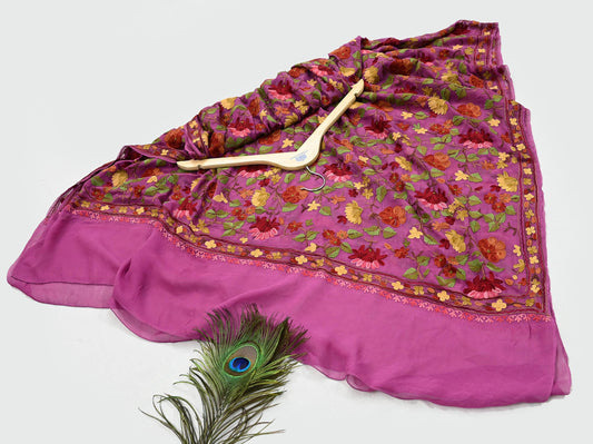 Indian Vintage Dupatta Pink Pure Georgette Silk Long Stole Hand Embroidered Ari Work Kashmiri Scarves Veil Wrap Soft Floral
