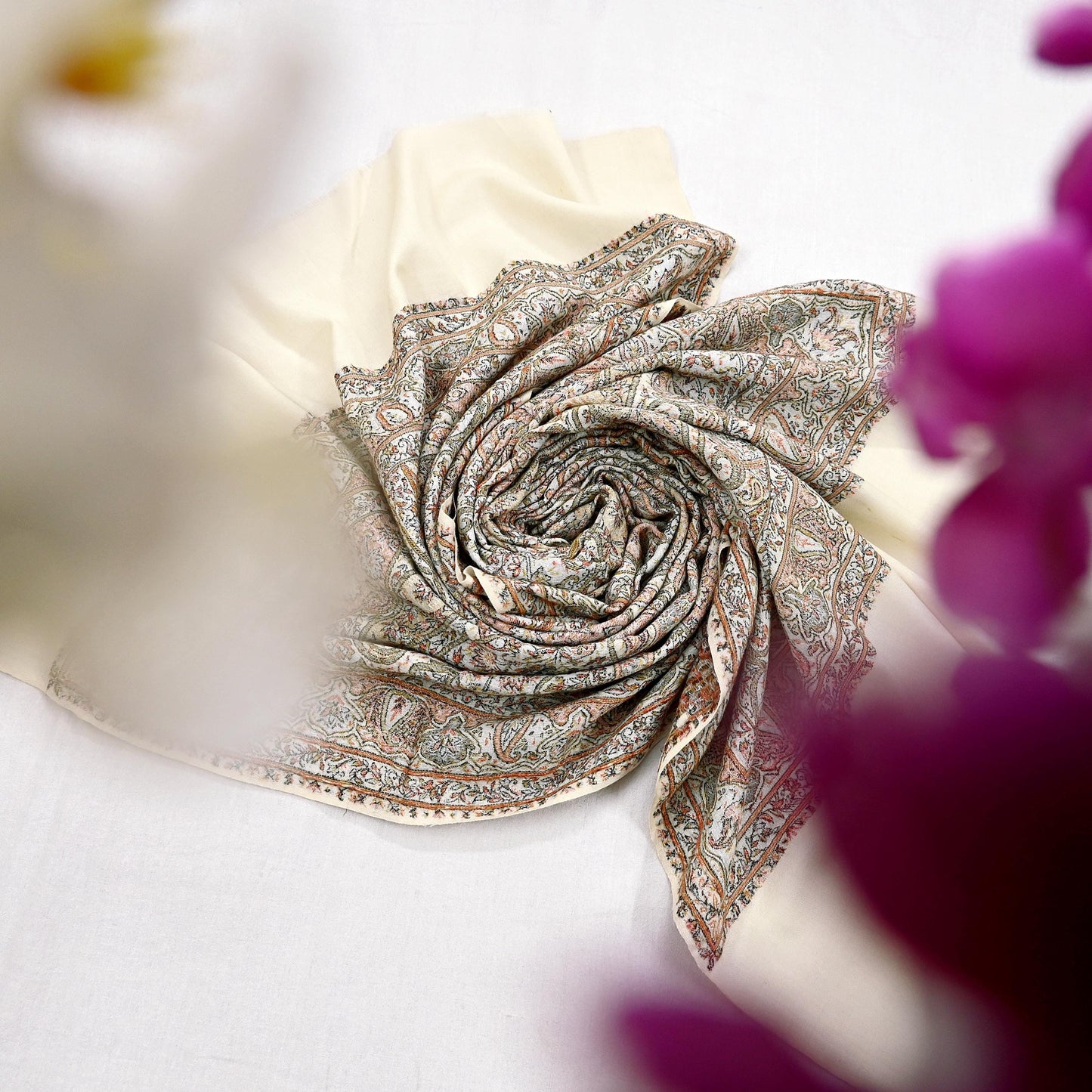 Indian Vintage Ivory Pure Woolen Shawl Handmade Woven Work Long Throw Stole Warm Abstract Design Soft