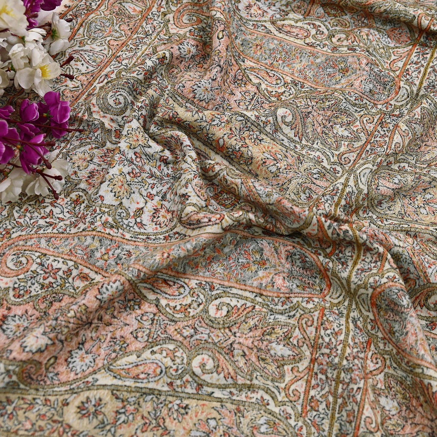 Indian Vintage Ivory Pure Woolen Shawl Handmade Woven Work Long Throw Stole Warm Abstract Design Soft