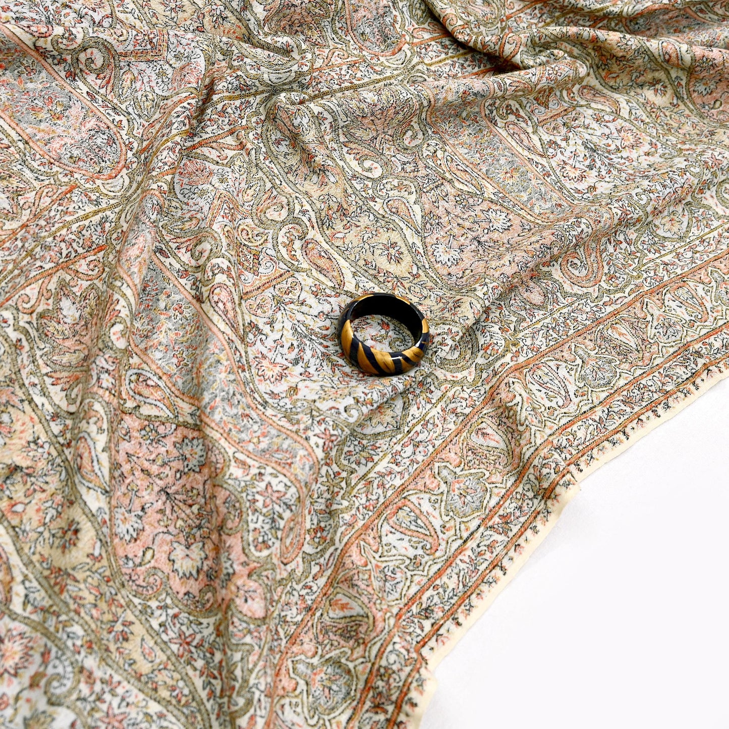 Indian Vintage Ivory Pure Woolen Shawl Handmade Woven Work Long Throw Stole Warm Abstract Design Soft