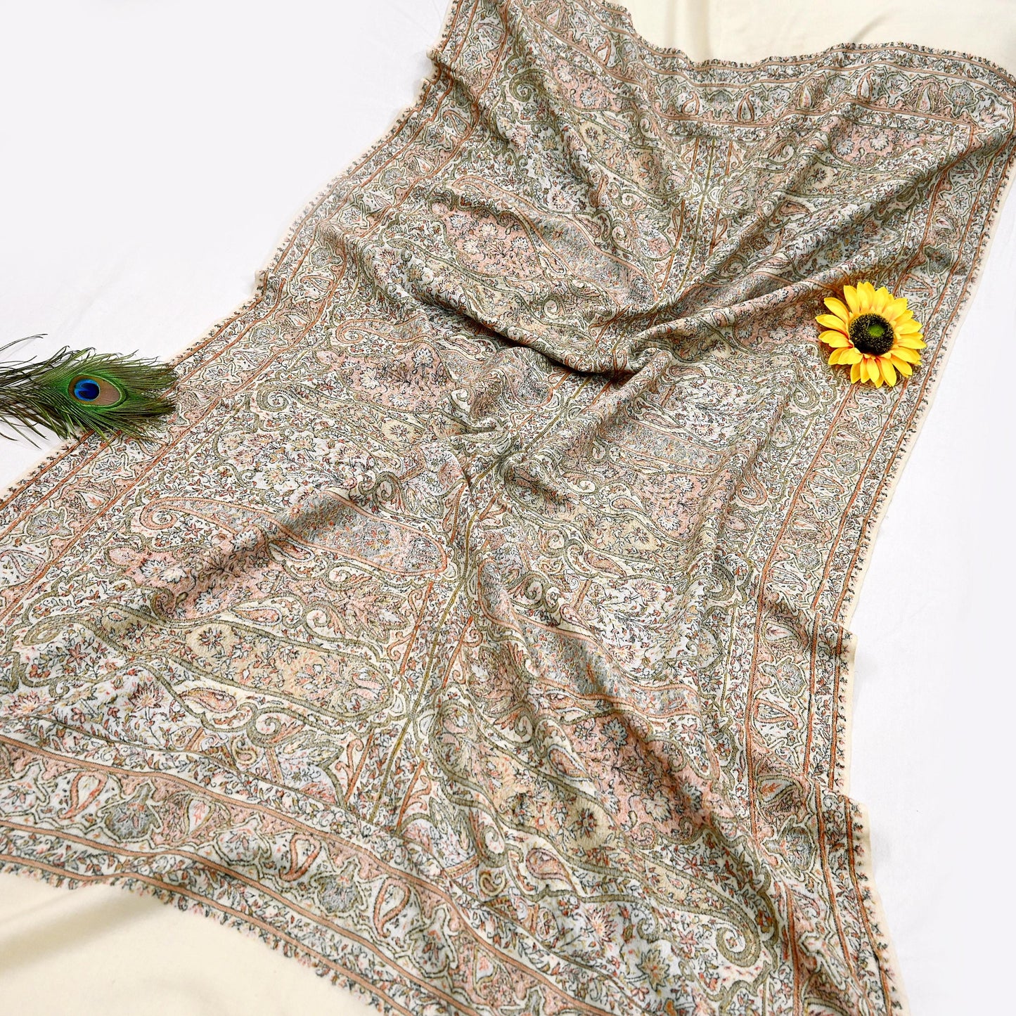 Indian Vintage Ivory Pure Woolen Shawl Handmade Woven Work Long Throw Stole Warm Abstract Design Soft