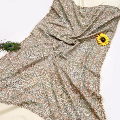 Indian Vintage Ivory Pure Woolen Shawl Handmade Woven Work Long Throw Stole Warm Abstract Design Soft