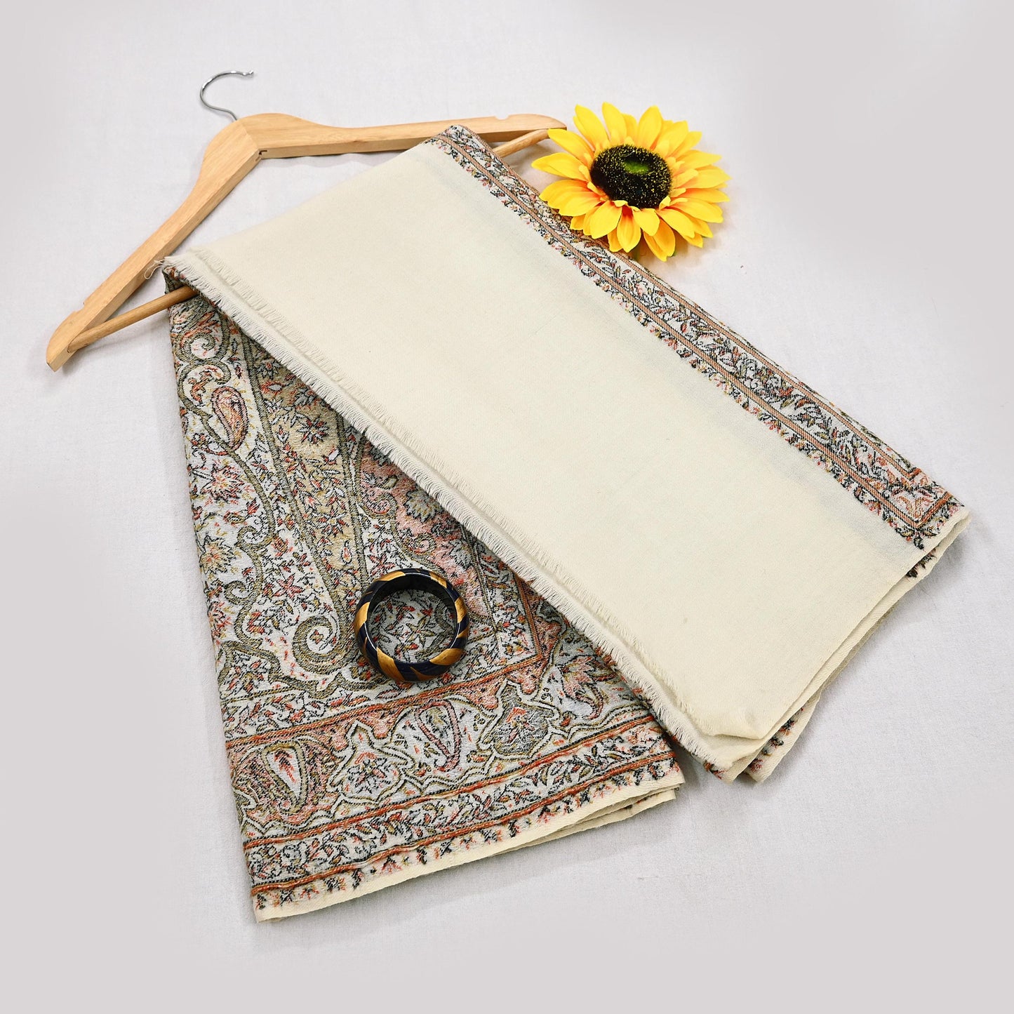 Indian Vintage Ivory Pure Woolen Shawl Handmade Woven Work Long Throw Stole Warm Abstract Design Soft