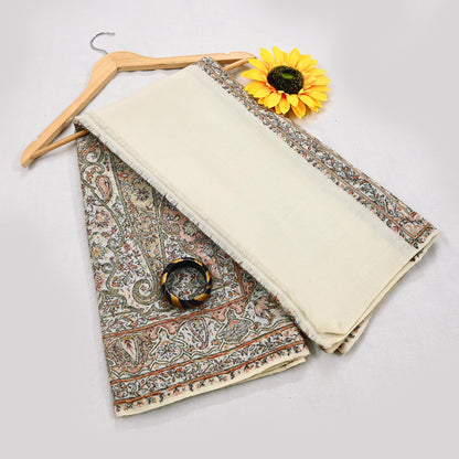 Indian Vintage Ivory Pure Woolen Shawl Handmade Woven Work Long Throw Stole Warm Abstract Design Soft