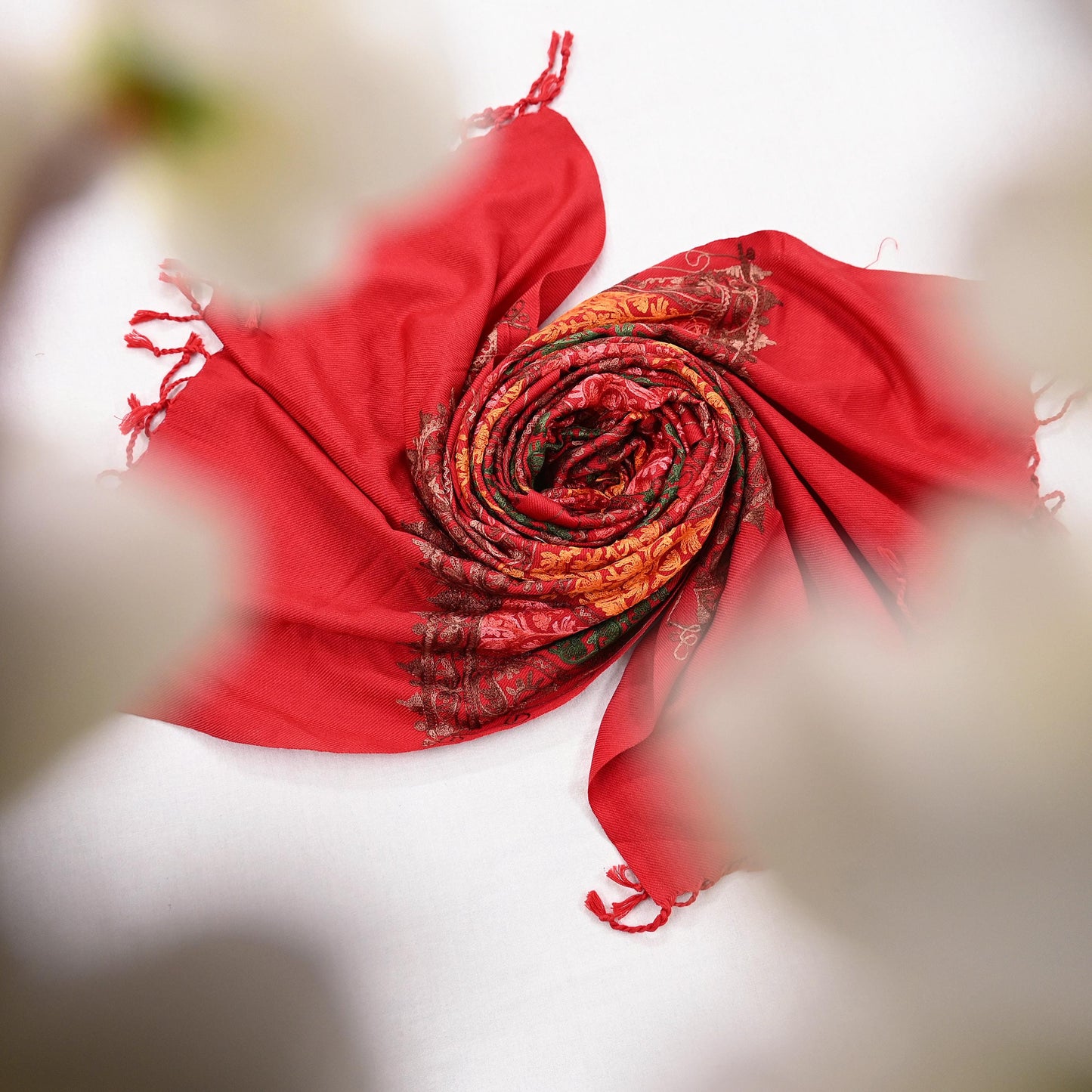 Vintage Stole Red Viscose Handmade Ari work Long Throw Warm Stole Floral Design Fringes