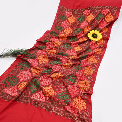 Vintage Stole Red Viscose Handmade Ari work Long Throw Warm Stole Floral Design Fringes