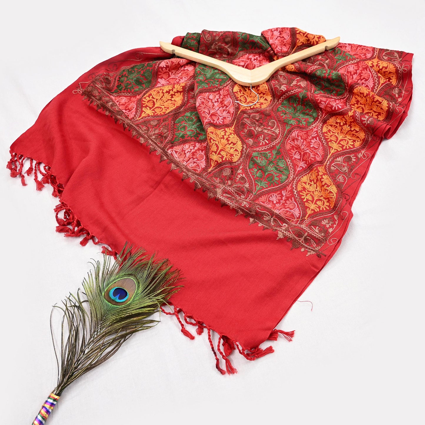 Vintage Stole Red Viscose Handmade Ari work Long Throw Warm Stole Floral Design Fringes