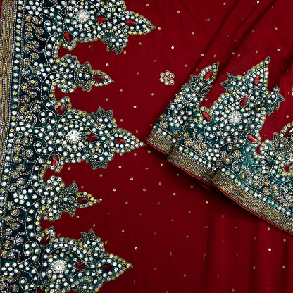 Indian Vintage Sari Maroon Pure Georgette Silk Hand Embroidered Sarees Craft Fabric 6Yd Sewing Soft Ethnic Glass Beaded Wedding Sarees